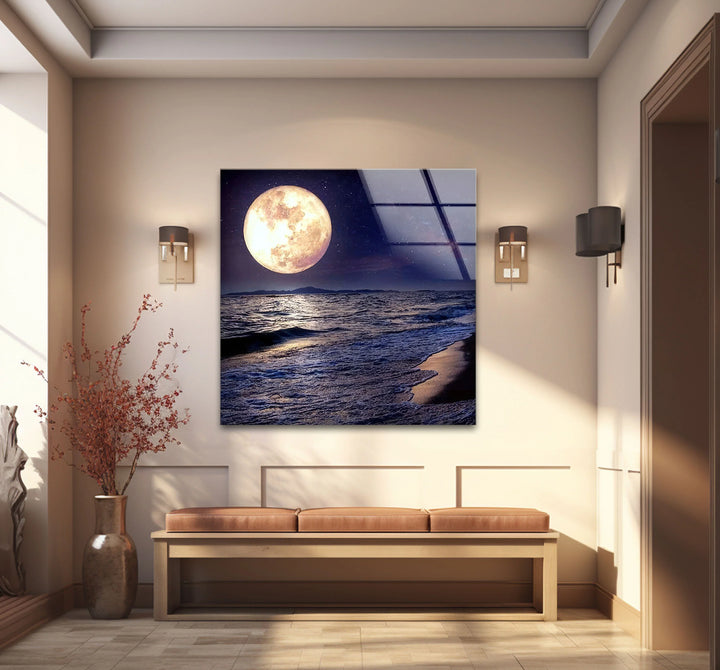 Moonlit Ocean Wall Art – Full Moon Over Waves Glass Print, Night Seascape Decor for Bedroom & Living Room - MyPhotoStation