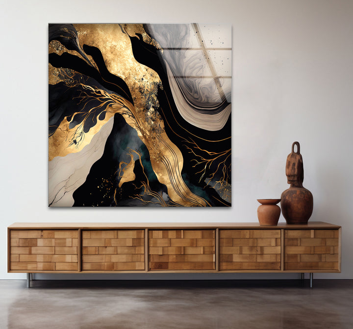 Black & Gold Abstract Glass Wall Art – Luxury Modern Fluid Design
