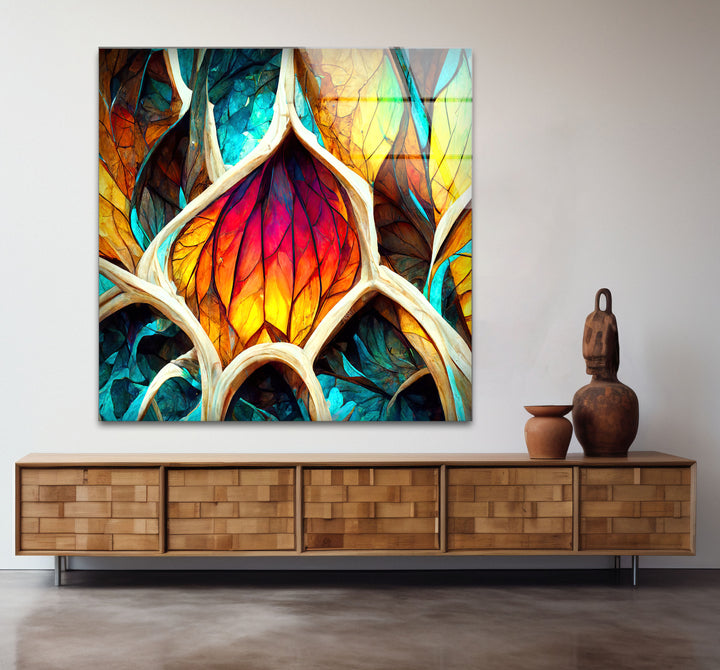 Von der Natur inspirierte Buntglas-Wandkunst – Abstraktes Blattdesign 