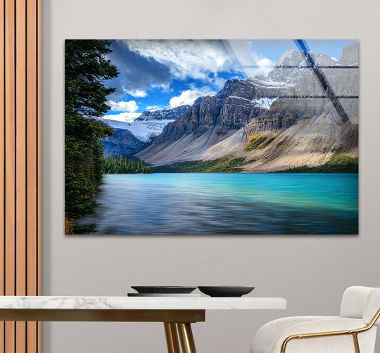 Silken azure water reflects the mountains in this scenic nature glass art print, where the dreamy texture of the lake adds a subtle beauty to the glass art.