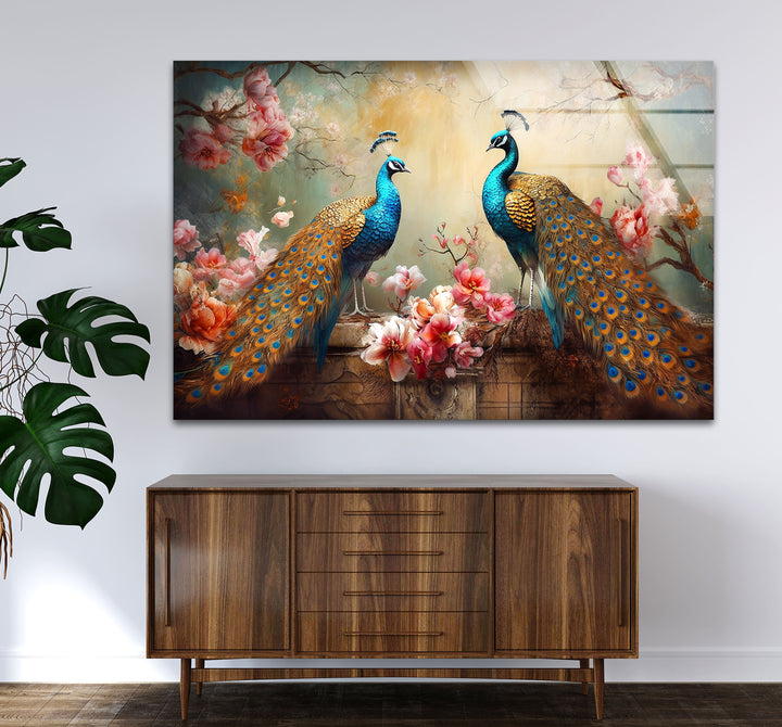 Elegant Peacock Wall Art – Floral Tempered Glass Print for Luxury Interiors