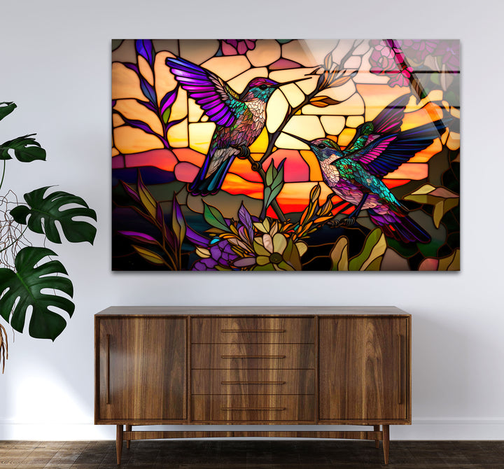 Hummingbird Stained Glass Wall Art – Sunset Floral Window Panel