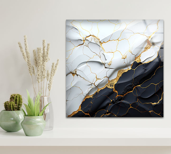 Elegant Cracked Marble Wall Art – Black White Gold Abstract Glass Print