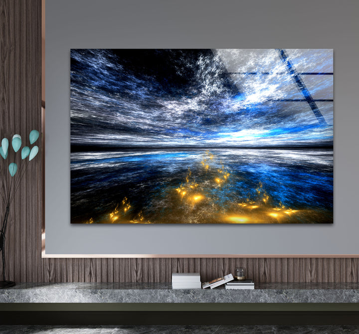 Celestial Ocean Light Wall Art – Abstract Blue and Gold Horizon Glass Print