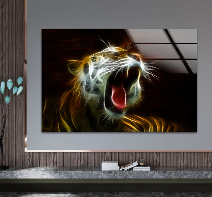 Electric Roar Tiger Wandkunst – Neon Wildtier Glasdruck Dekor