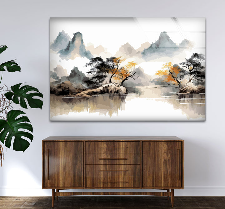 Serene Mountain Lake Wall Art – Asian Landscape Ink Style Glass Print