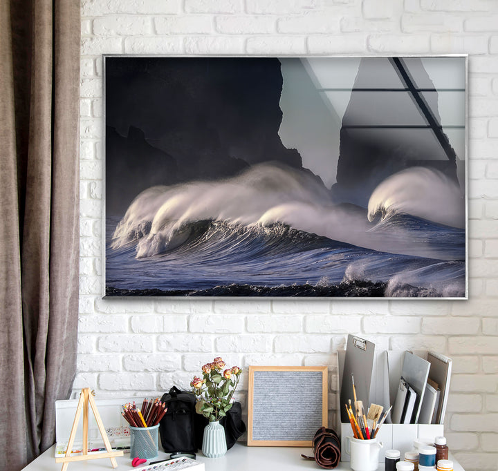 Stormy Ocean Waves Wall Art – Dramatic Coastal Glass Print with Dark Sea Cliffs for Modern Interiors
