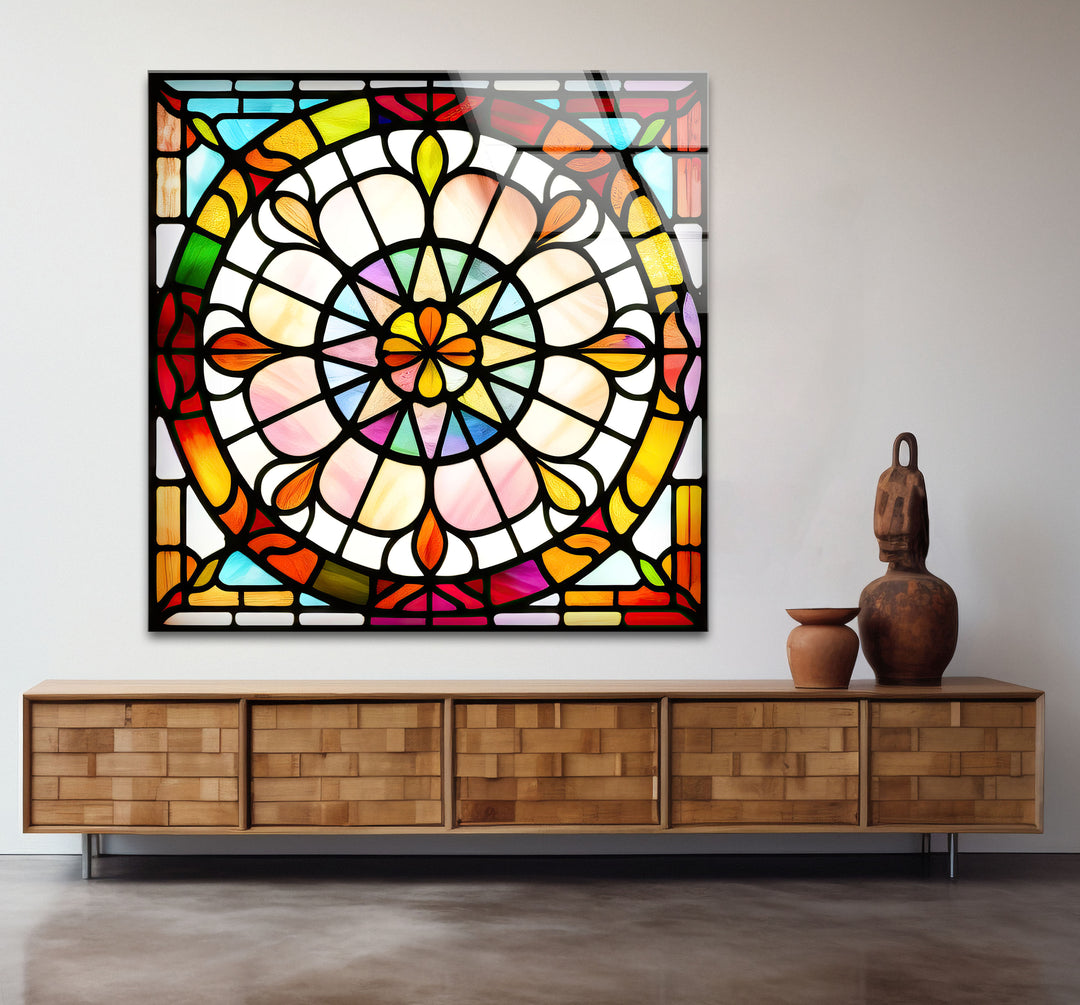 Bunte Buntglas-Wandkunst – Lebendiges Rosenfenster-Glasdesign 