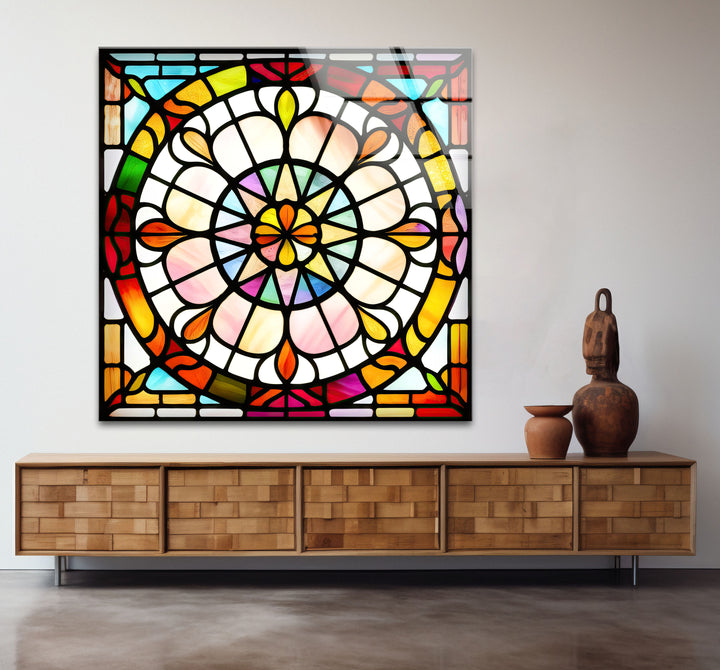 Bunte Buntglas-Wandkunst – Lebendiges Rosenfenster-Glasdesign 