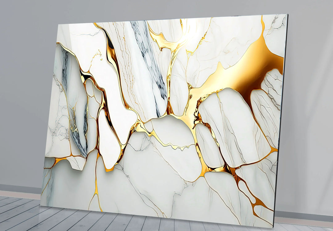 Gold Vein Marble Wall Art – Elegant White Glass Print with Metallic Cracks for Modern Luxe Interior Decor - MyPhotoStation