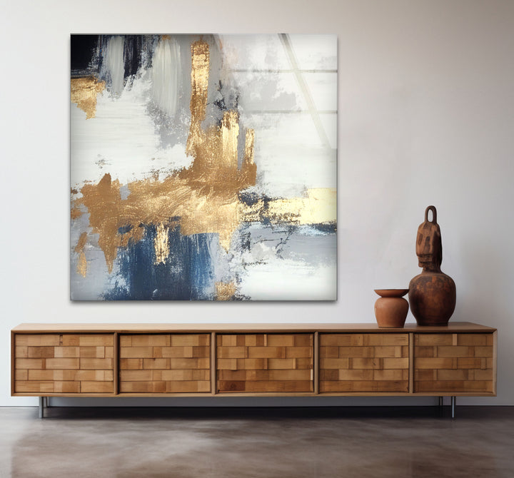 Navy Gold Brushstroke Wall Art – Modern Abstract Glass Print Décor