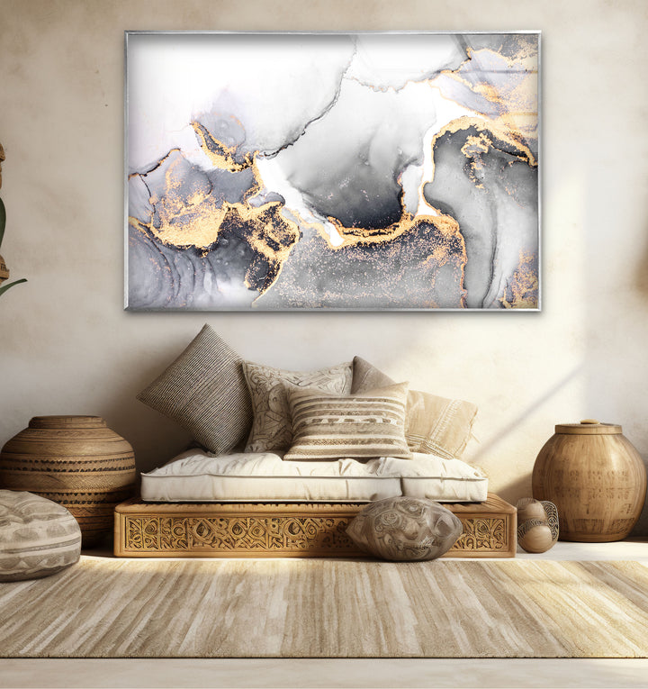 Monochrome Marble Glass Wall Art – Black White & Gold Luxury Abstract Print