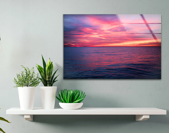 Pink Ocean Sunset Horizon – Serene Seascape Wall Art on Tempered Glass - MyPhotoStation