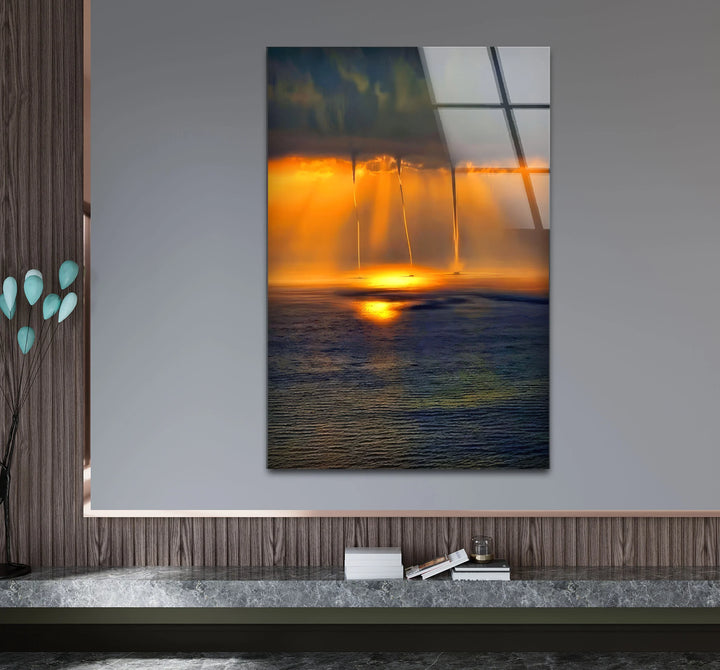 Golden Ocean Sunset with Rain Funnels – Dramatic Seascape Glass Wall Art - MyPhotoStation