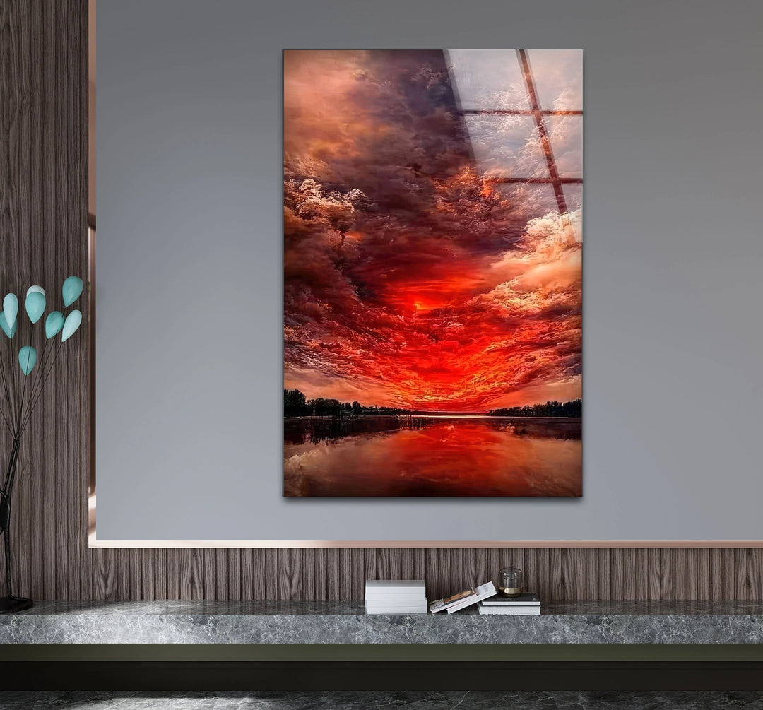 Fiery Sunset Sky Glass Wall Art – Dramatic Red Clouds Over Water Landscape - MyPhotoStation