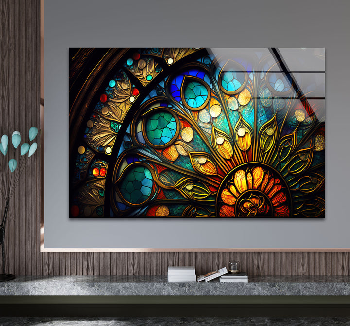 Buntglasfensterkunst – Elegantes gotisches Rosettenfenster-Design