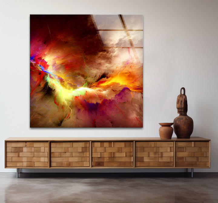 Fiery Nebula Explosion Wall Art – Abstract Cosmic Storm Glass Print Decor