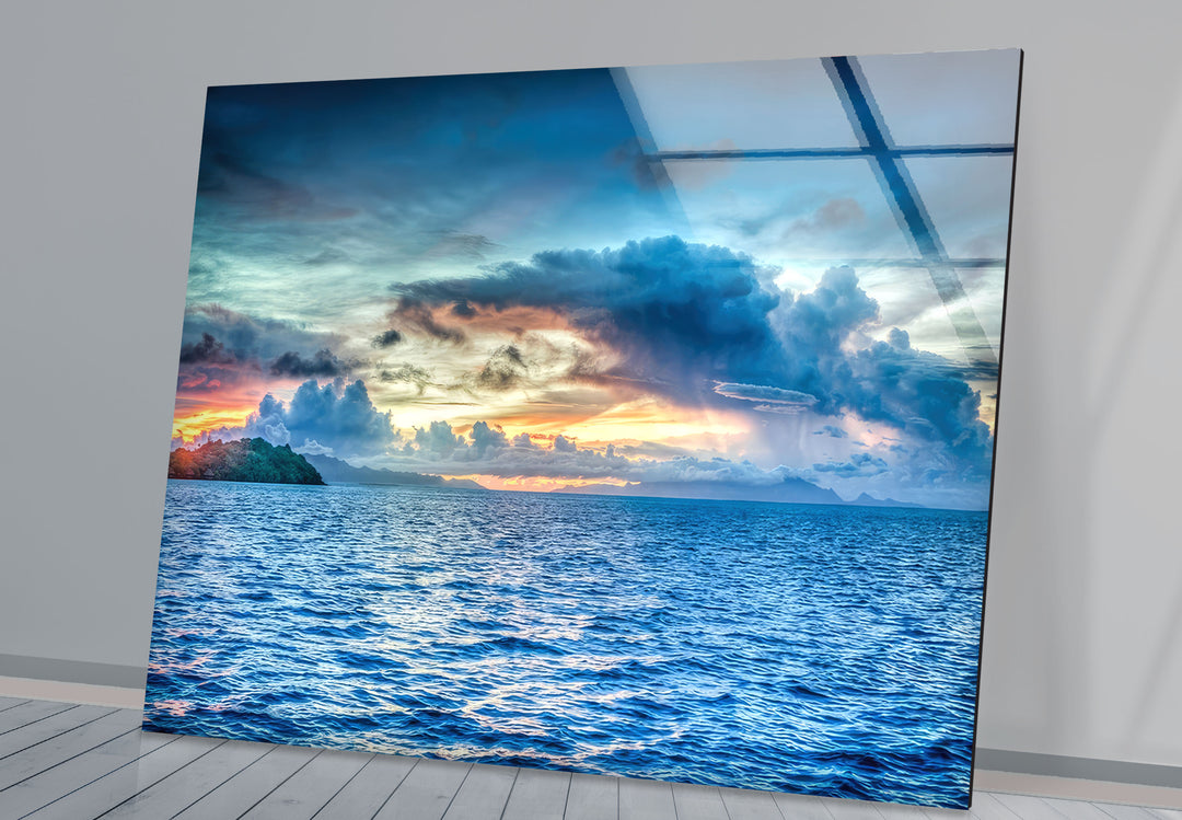 Tropical Sea Horizon Wall Art – Vibrant Ocean Sunset Glass Print for Modern Interiors