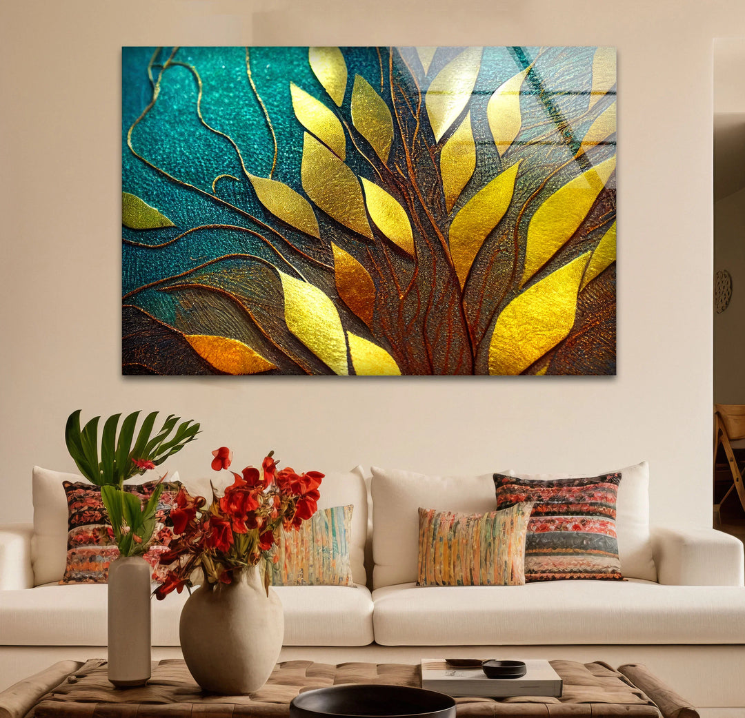 Golden Leaf Tree Glass Wall Art – Elegant Botanical Design with Teal & Amber Accents - MyPhotoStation