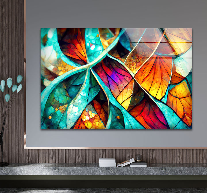 Abstrakte Wanddekoration aus Buntglasblättern – Lebendiges, von der Natur inspiriertes Panel für moderne Innenräume