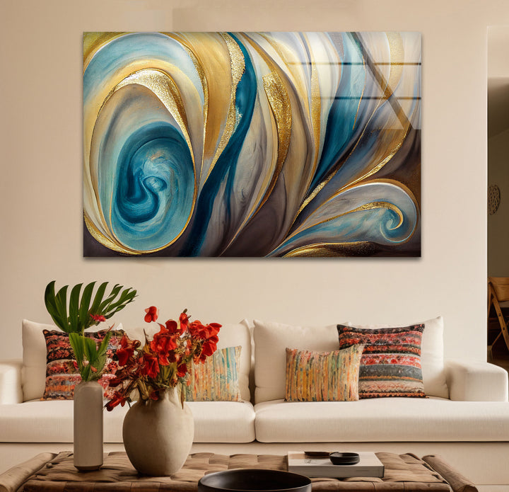 Teal Gold Swirl Wall Art – Elegant Abstract Glass Print for Modern Interiors