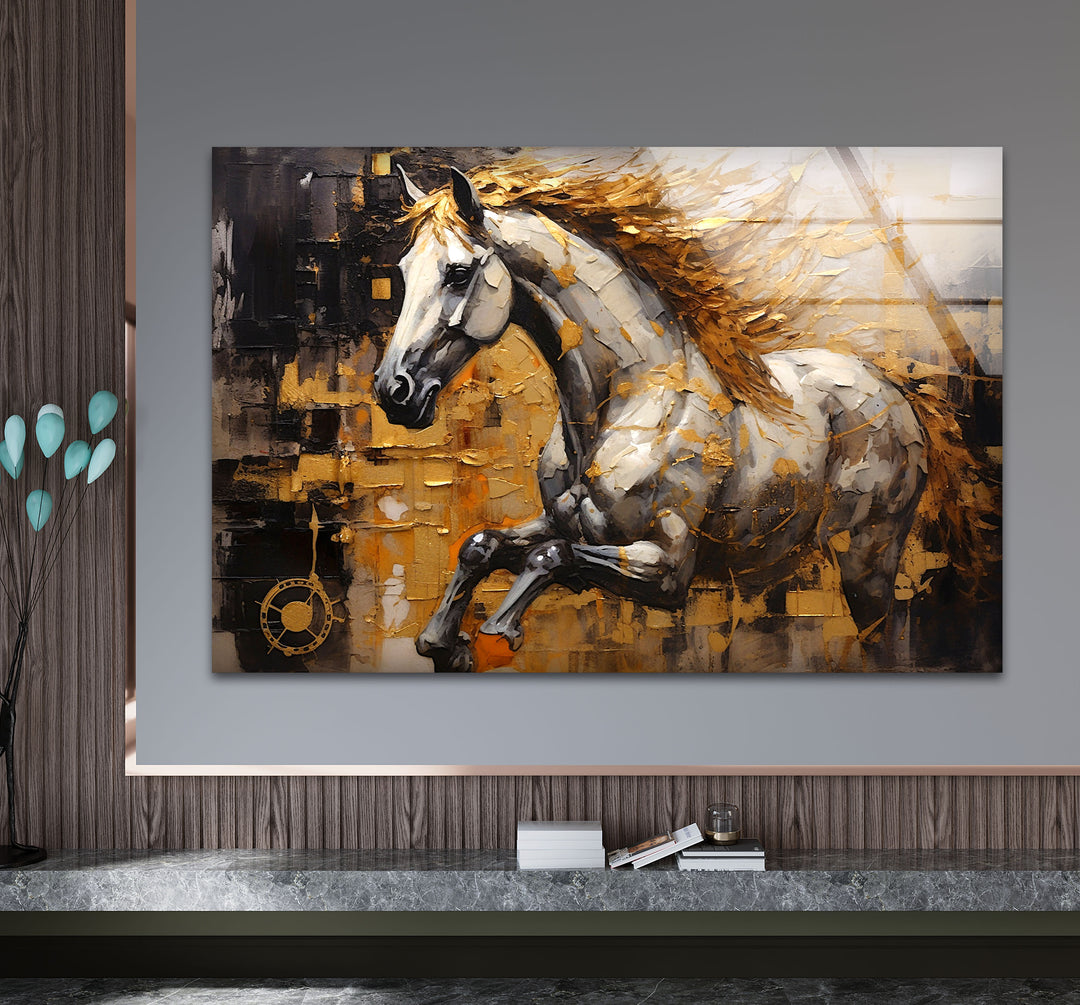 Golden Spirit Horse Wandkunst – Abstrakter Glasdruck mit rennendem Hengst