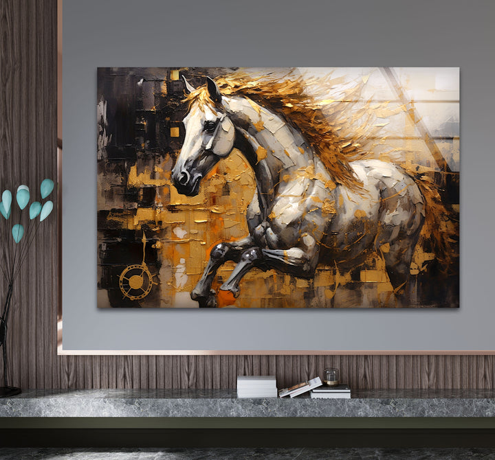Golden Spirit Horse Wandkunst – Abstrakter Glasdruck mit rennendem Hengst
