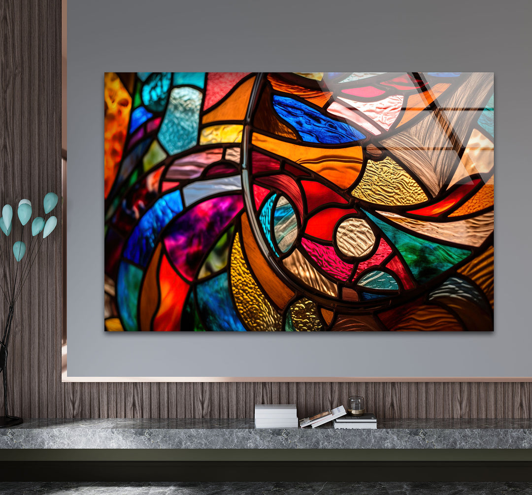 Abstrakte Wanddekoration aus Buntglas – Lebendiges, mehrfarbiges, modernes Fensterdesign 