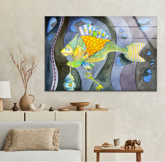 Surreal fantasy fish glass print in a whimsical style, detailed with a key and lantern, showcasing the luminous art from glass finish.