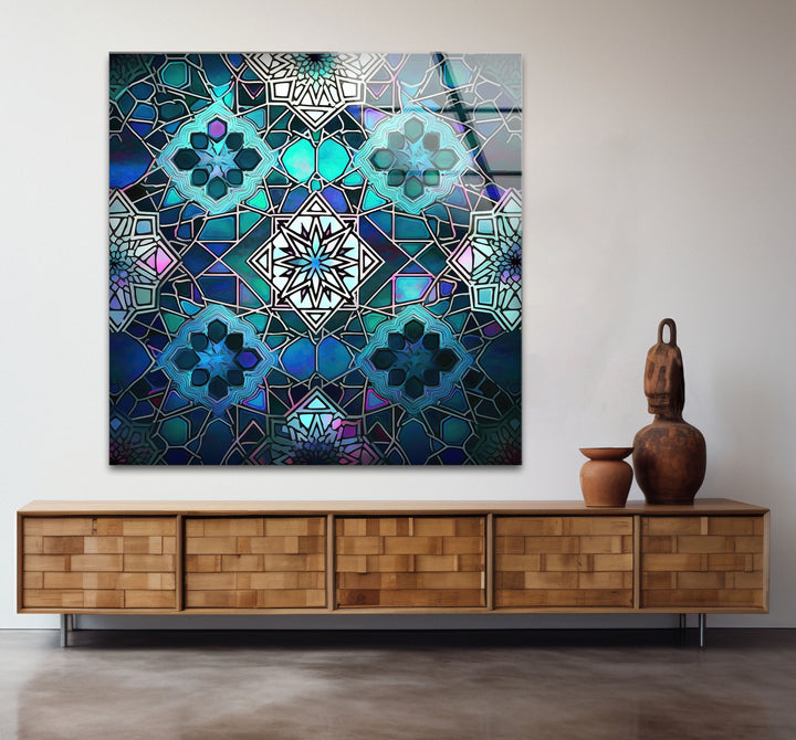 Blue Mosaic Star Glass Wall Art – Islamic Geometric Window Panel, Sacred Pattern Decor