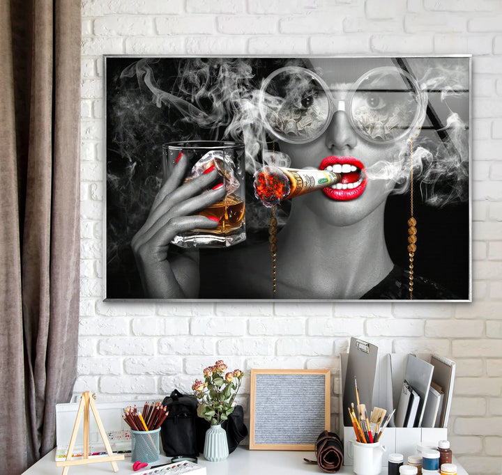 Luxury Diva Wall Art with Whiskey and Dollar Cigar – Bold Glam Glass Print - MyPhotoStation