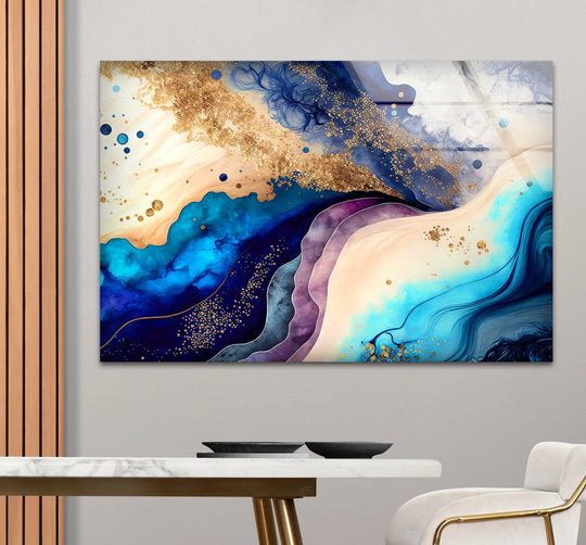 Elegant blue and gold abstract glass printing with a lustrous, high-gloss finish.