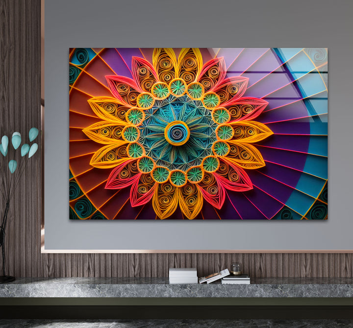 Mandala Glass Wall Art – Vibrant 3D Geometric Paper Design