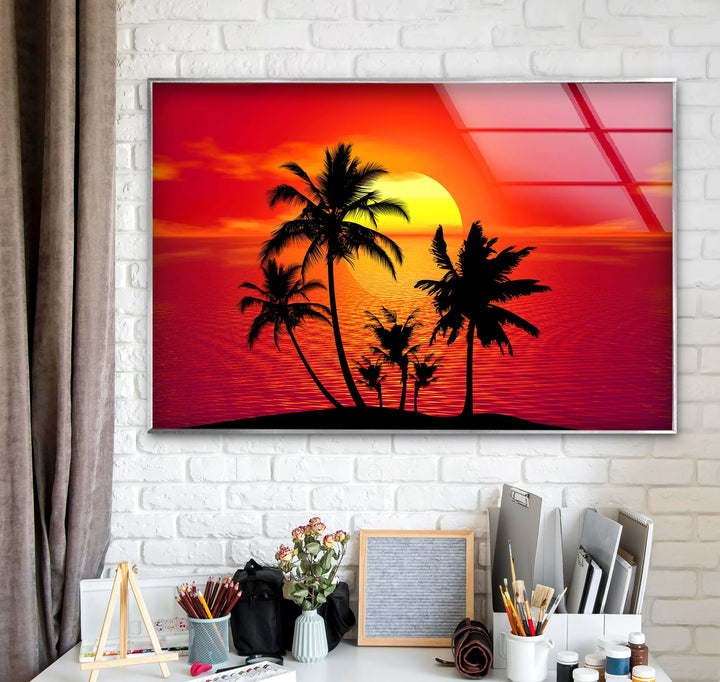 Tropical Sunset Palm Tree Wall Art – Vibrant Beach Scene on Tempered Glass - MyPhotoStation