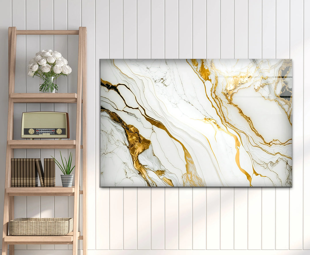Gold Vein Marble Wall Art – Elegant White & Gold Glass Print for Modern Interiors - MyPhotoStation