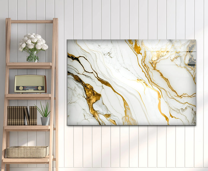 Gold Vein Marble Wall Art – Elegant White & Gold Glass Print for Modern Interiors - MyPhotoStation