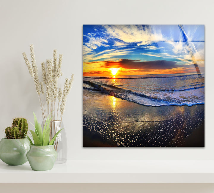 Sunset Beach Wave Wall Art – Vibrant Ocean Horizon Glass Print for Coastal and Modern Interiors
