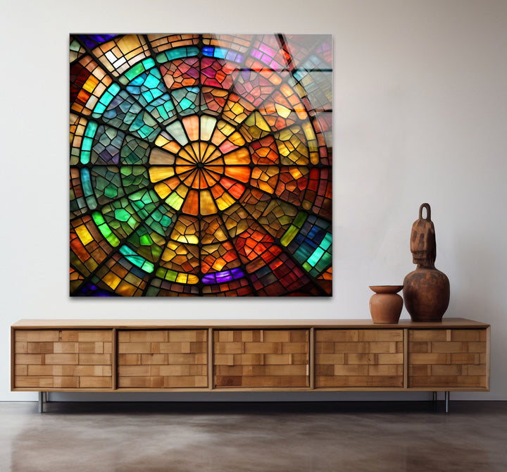 Radiant Wheel Mosaic Stained Glass Wall Art – Colorful Circular Window Decor