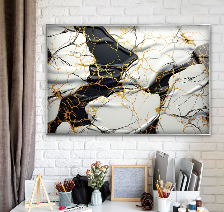 Luxury Marble Abstract Wall Art – Black, White & Gold Glass Panel Print