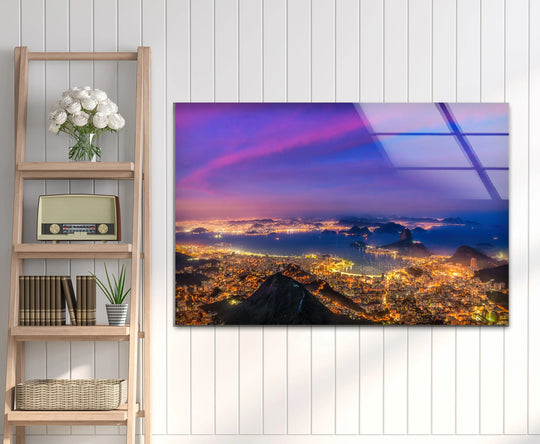 Foreground detail of Rio Radiance art from glass showcases the illuminated city, reflecting night lights in this stunning skyline glass wall art.
