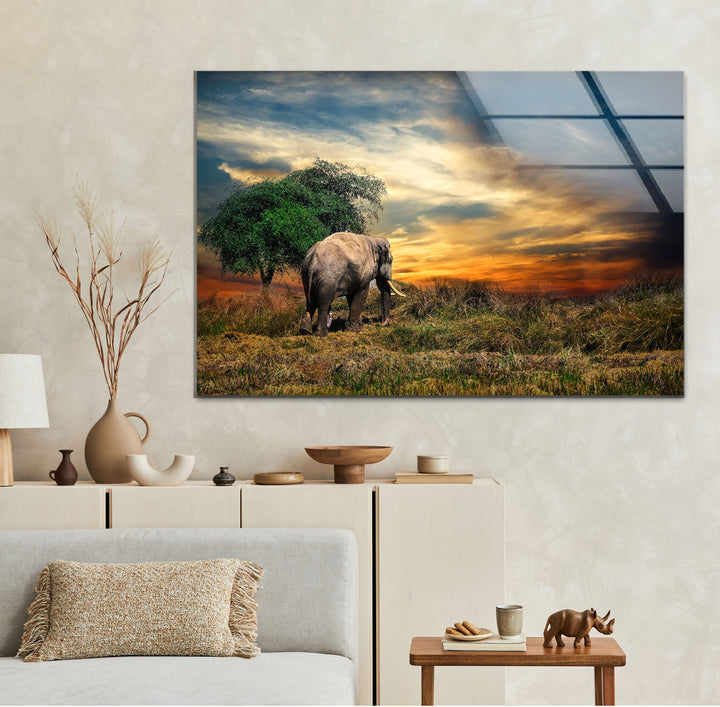 Elephant at Sunset Safari Wall Art – African Landscape Glass Print