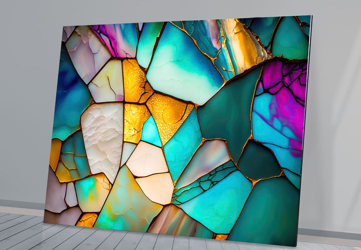 Modern Stained Glass Abstract Wall Art – Teal & Gold Geometric Glass Print