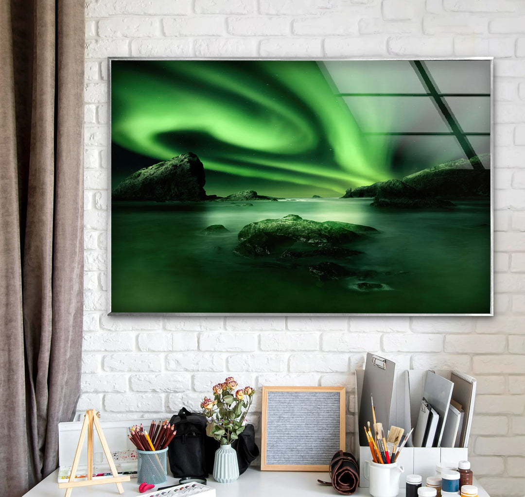 Northern Lights Aurora Borealis Wall Art – Green Sky Glass Print for Modern Interiors - MyPhotoStation