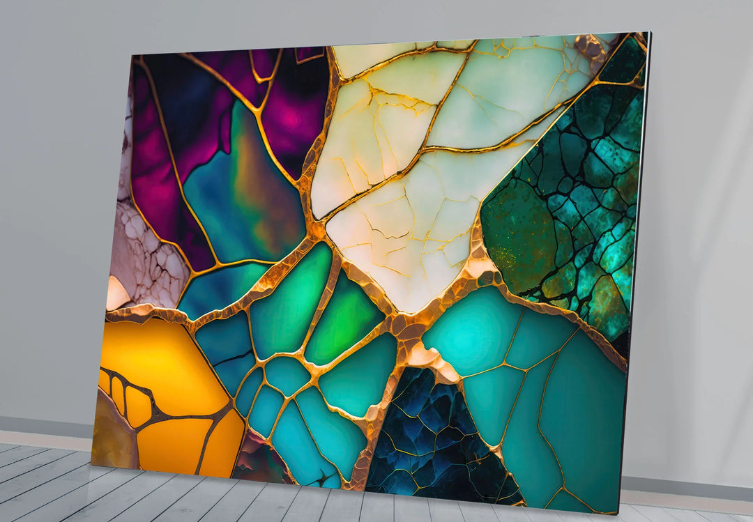 Colorful Abstract Stained Glass Wall Art – Golden Fractured Modern Glass Print - MyPhotoStation