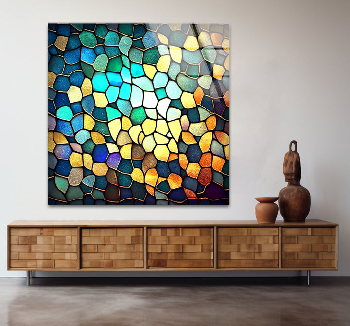Moderne Wanddekoration aus Buntglas – Abstraktes Mosaikmuster in Blau und Gold
