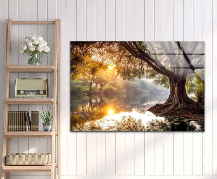 Golden Forest Sunrise Reflections – Majestic Tree and River Glass Wall Art - MyPhotoStation