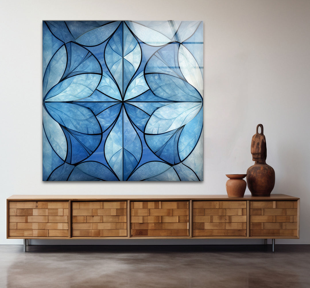 Blue Floral Geometric Wall Art – Modern Glass Panel with Elegant Petal Design