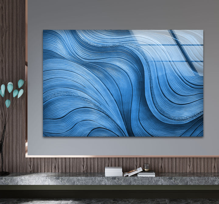 Blue Flow Line Wall Art – Modern Minimalist Wave Glass Print