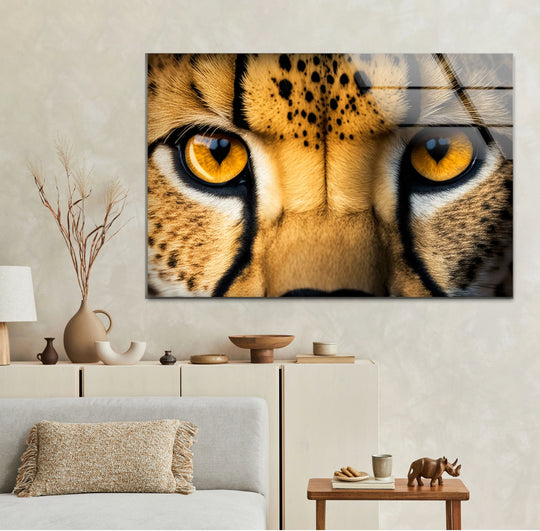 Close-up cheetah eye glass art showcasing detailed fur and spot textures, a unique modern wall decor accent.