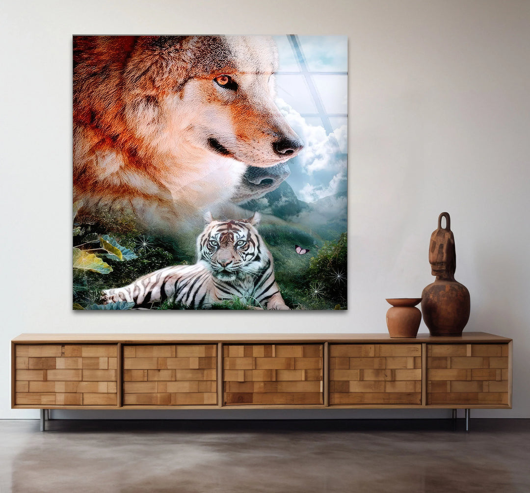 Wolf and White Tiger Wall Art – Majestic Animal Duo Nature Glass Print for Bold Decor - MyPhotoStation